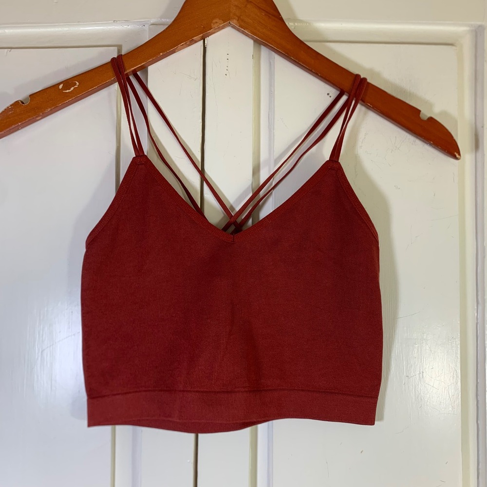 Bench Body Womens Seamless Ribbed Multi-Strap Crisscross Crop Top Rust Red Small